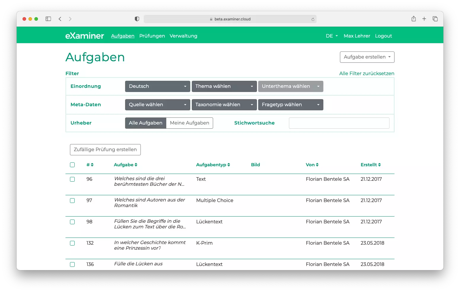 Aufgabenübersicht in eXaminer