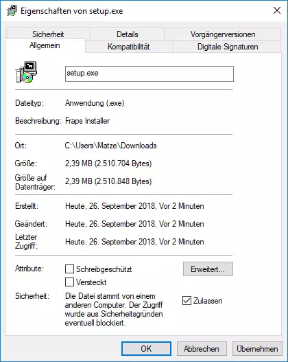 Eigenschaften-Fenster der Datei examzone.ch, in dem eine Smartscreen-Ausnahme aktiviert wird